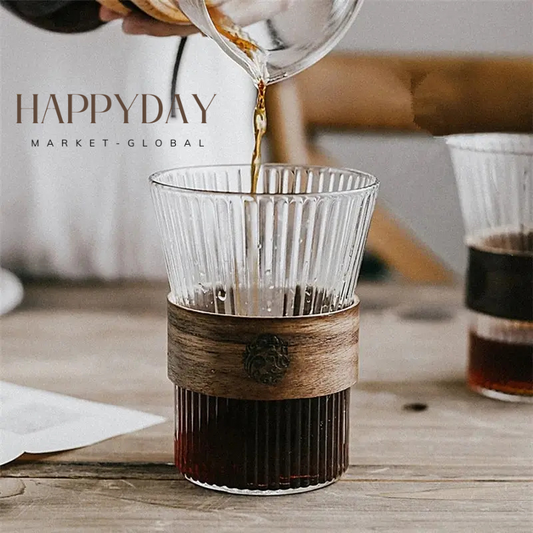 HAPPYDAY - Japanese Style Glass Coffee Mug with Walnut Sleeve