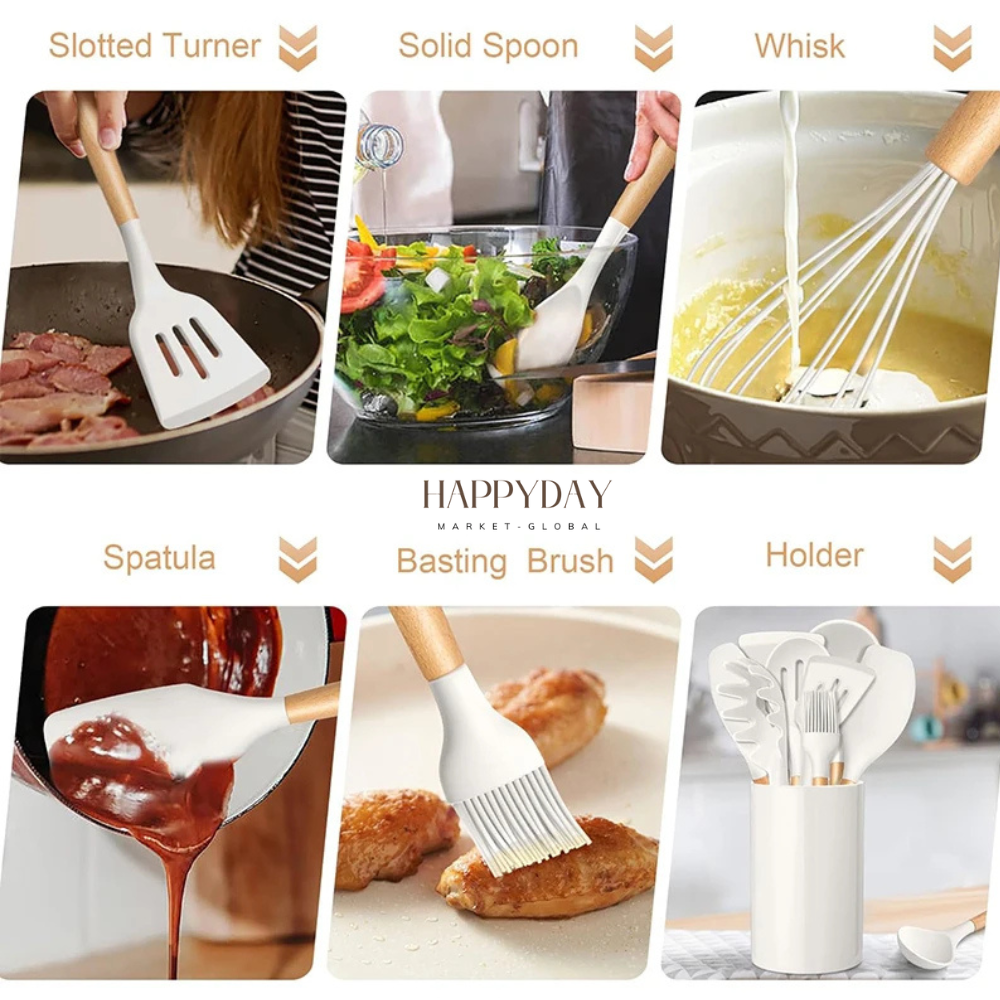 HAPPYDAY - 12 Pcs Silicone Kitchen Utensils Set - Heat Resistant, Non-Stick Cooking Tools