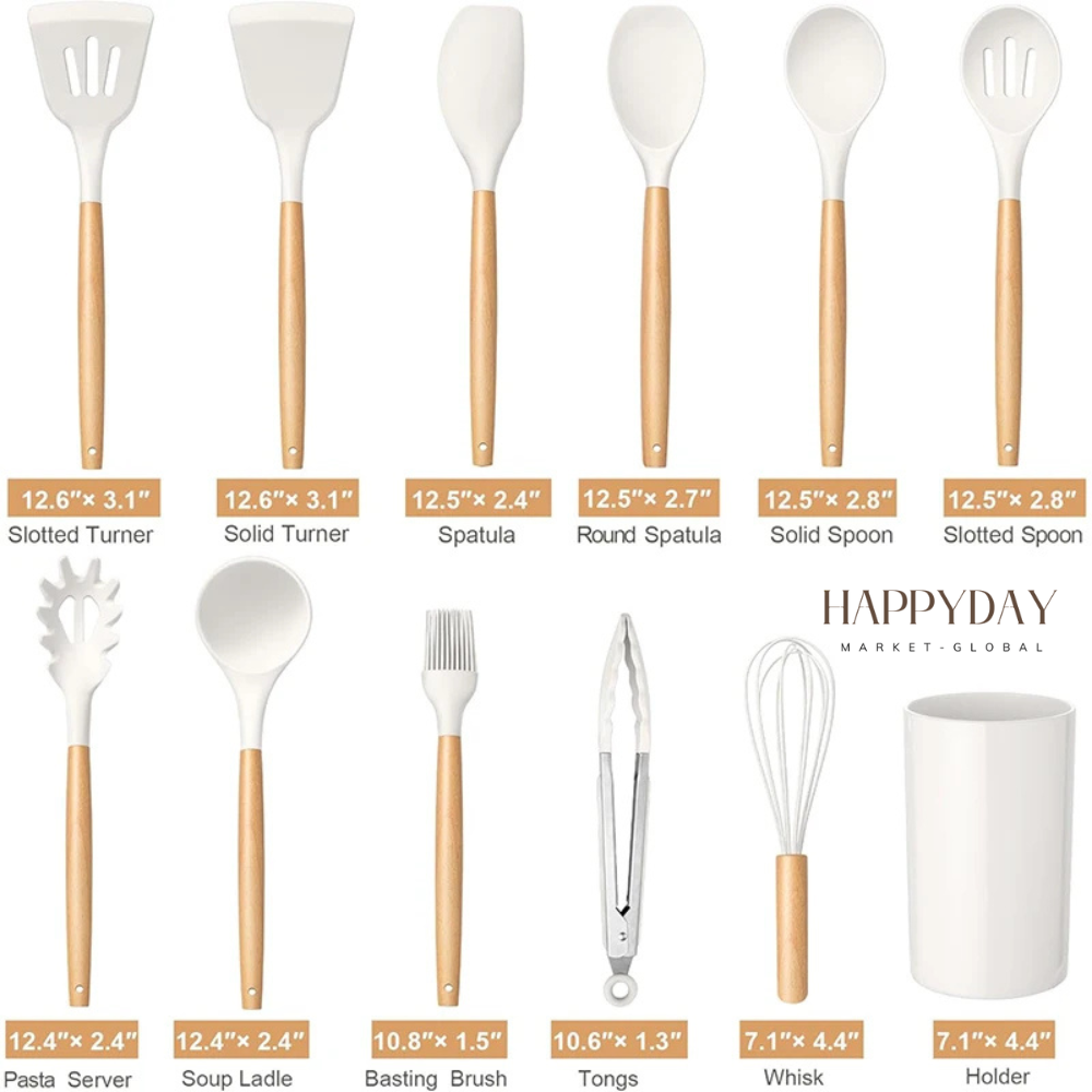 HAPPYDAY - 12 Pcs Silicone Kitchen Utensils Set - Heat Resistant, Non-Stick Cooking Tools