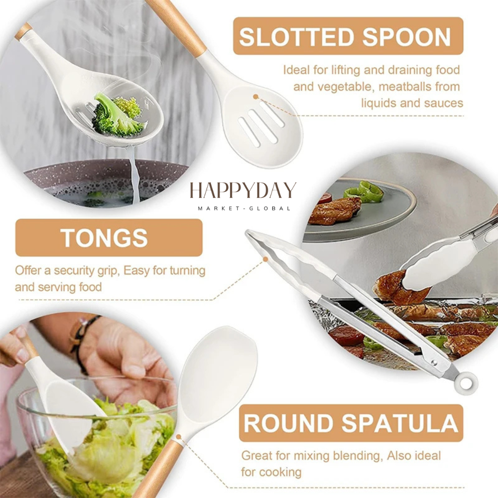 HAPPYDAY - 12 Pcs Silicone Kitchen Utensils Set - Heat Resistant, Non-Stick Cooking Tools