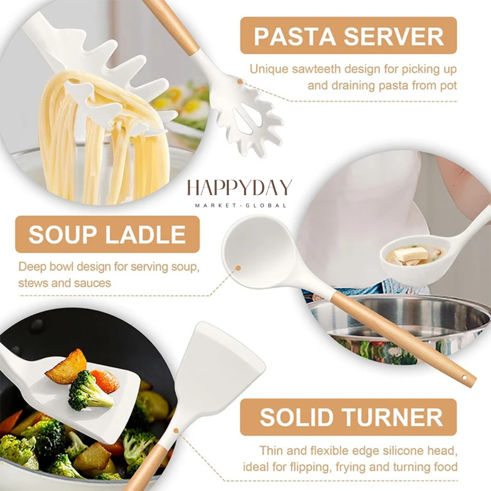 HAPPYDAY - 12 Pcs Silicone Kitchen Utensils Set - Heat Resistant, Non-Stick Cooking Tools