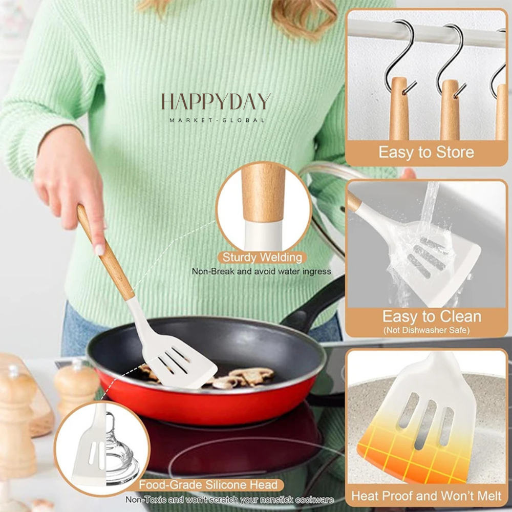 HAPPYDAY - 12 Pcs Silicone Kitchen Utensils Set - Heat Resistant, Non-Stick Cooking Tools