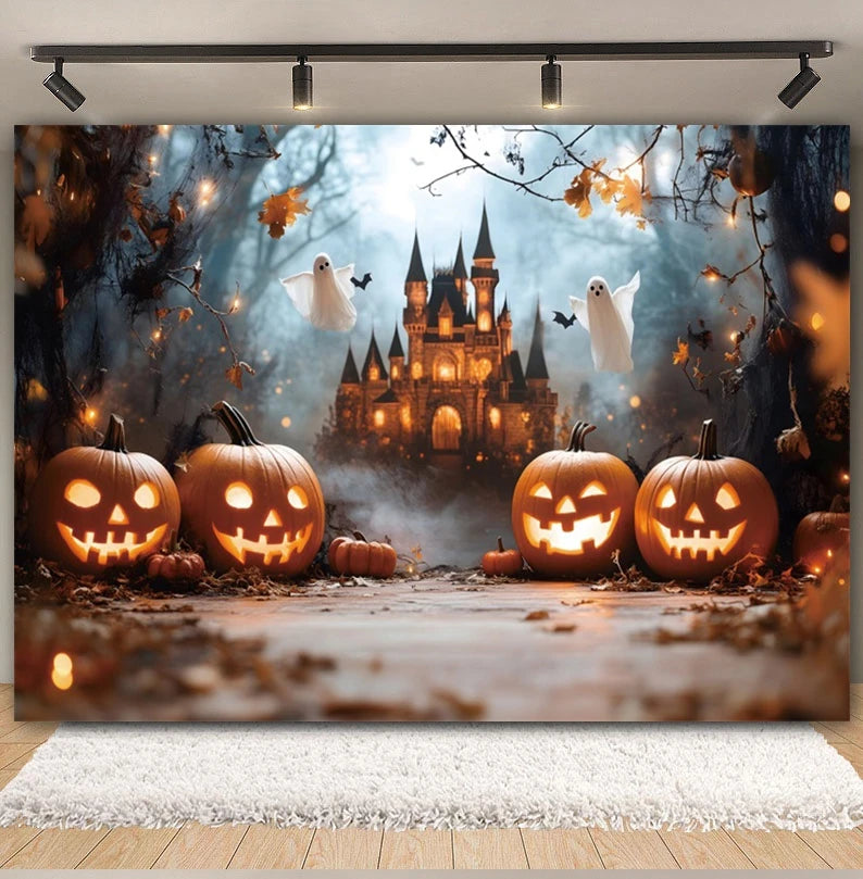 Halloween Horror Castle Backdrop – Ghosts, Pumpkins & Party Decor