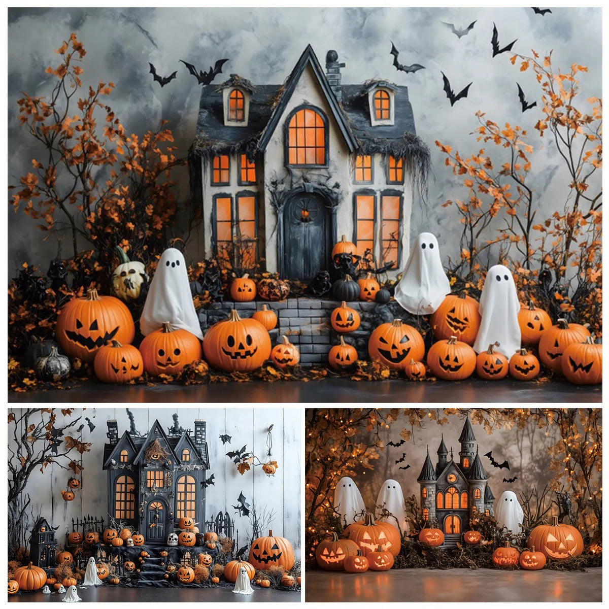 Halloween Horror Castle Backdrop – Ghosts, Pumpkins & Party Decor