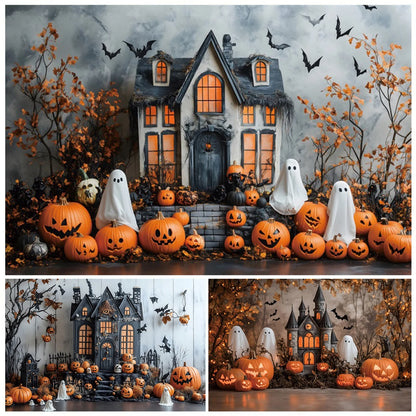 Halloween Horror Castle Backdrop – Ghosts, Pumpkins & Party Decor