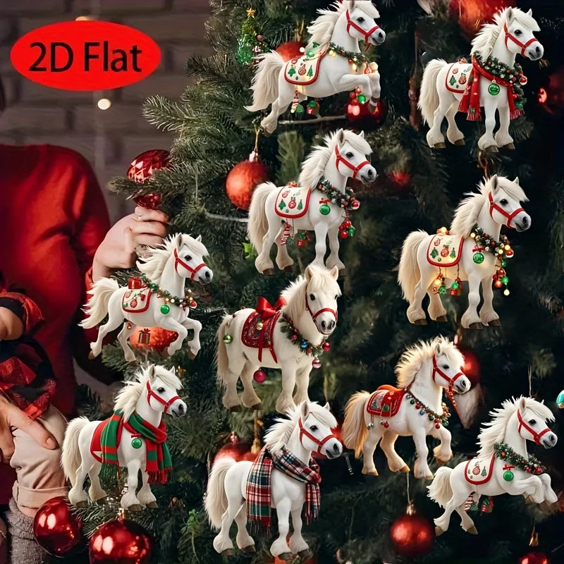 10PCS Elegant White Horse 2D Wooden Christmas Tree Decorations