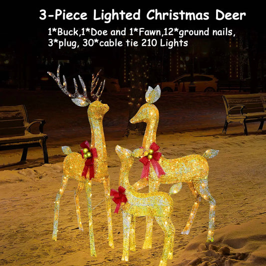 3D Lighted Reindeer Family – 3 Piece With 210 LED Lights