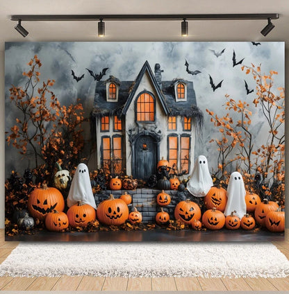 Halloween Horror Castle Backdrop – Ghosts, Pumpkins & Party Decor