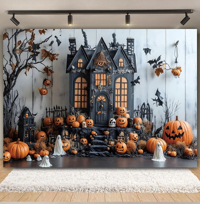 Halloween Horror Castle Backdrop – Ghosts, Pumpkins & Party Decor