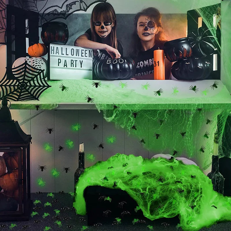 Halloween Luminous Spider Web Decorations – Glow in Dark Cobwebs for Outdoor & Indoor Scary Party Props