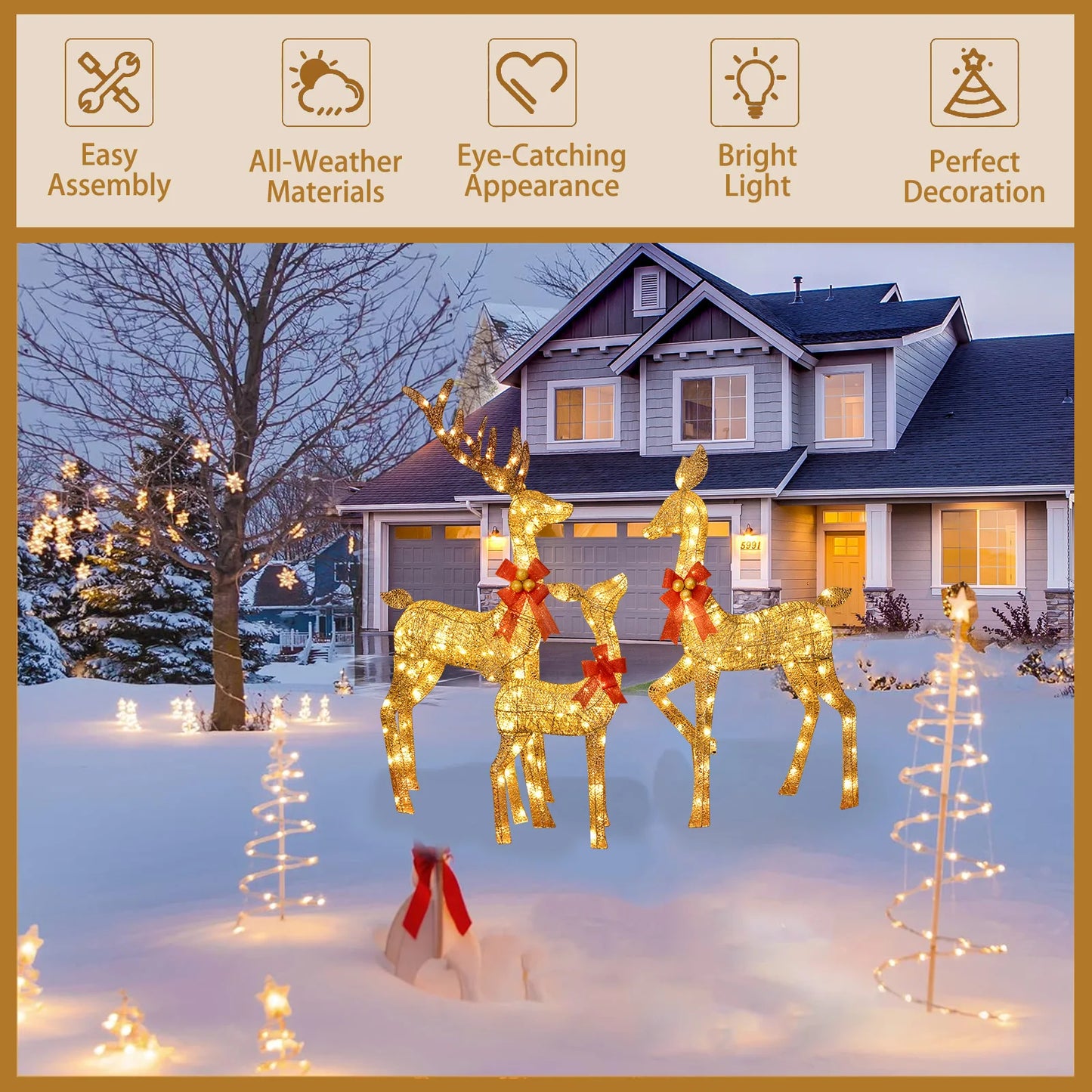 3D Lighted Reindeer Family – 3 Piece With 210 LED Lights