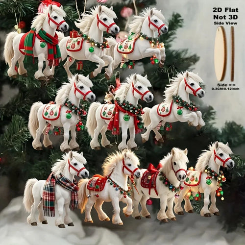 10PCS Elegant White Horse 2D Wooden Christmas Tree Decorations