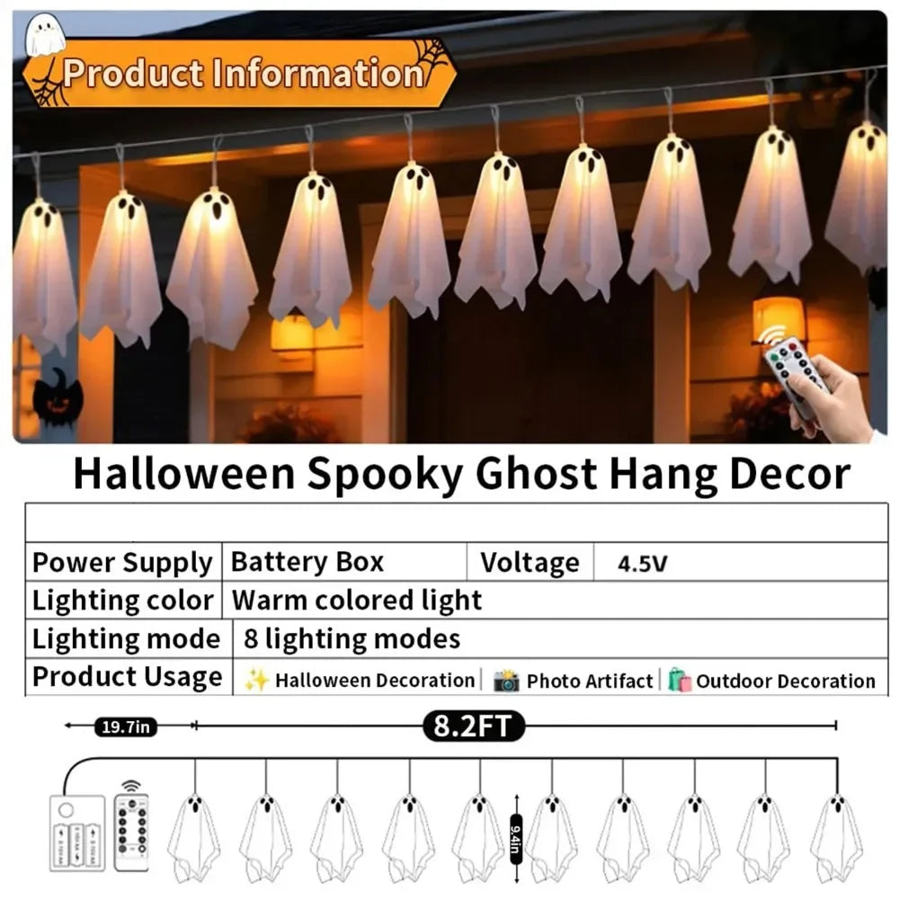 10 Ghost String Lights – Waterproof 8 Modes Halloween Decor