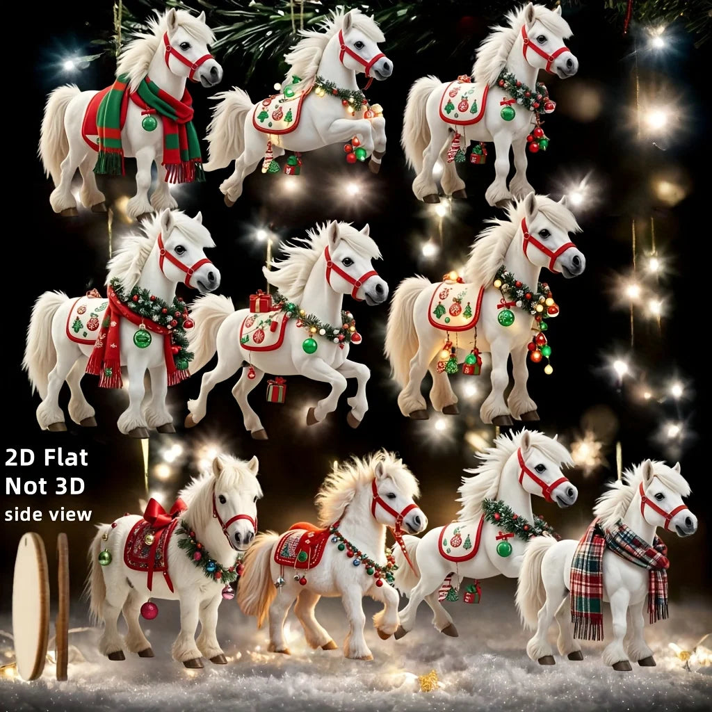 10PCS Elegant White Horse 2D Wooden Christmas Tree Decorations