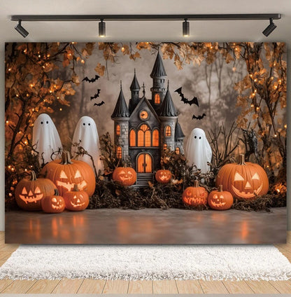 Halloween Horror Castle Backdrop – Ghosts, Pumpkins & Party Decor