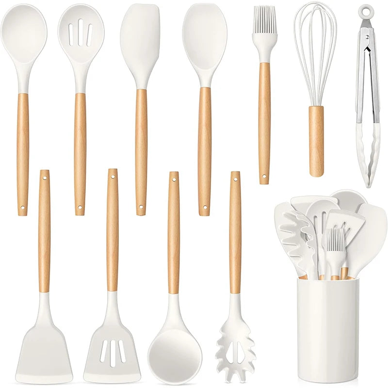 HAPPYDAY - 12 Pcs Silicone Kitchen Utensils Set - Heat Resistant, Non-Stick Cooking Tools