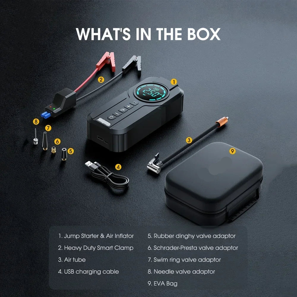 GO Portable Car Jump Starter & Air Compressor – 4 in 1 Tire Inflator, Power Bank & Emergency Battery Booster