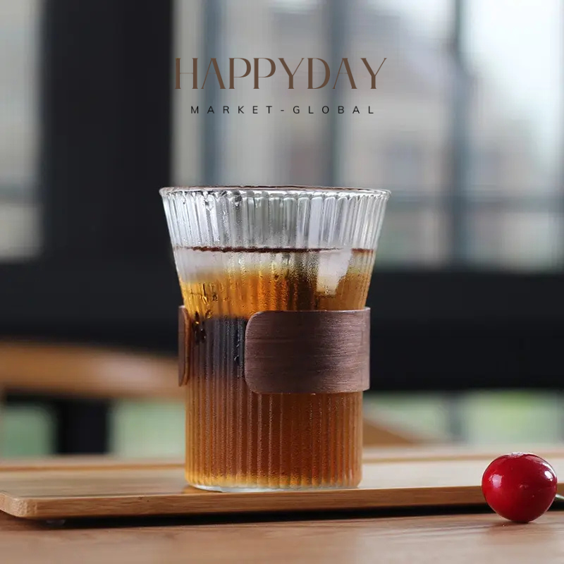 HAPPYDAY - Japanese Style Glass Coffee Mug with Walnut Sleeve