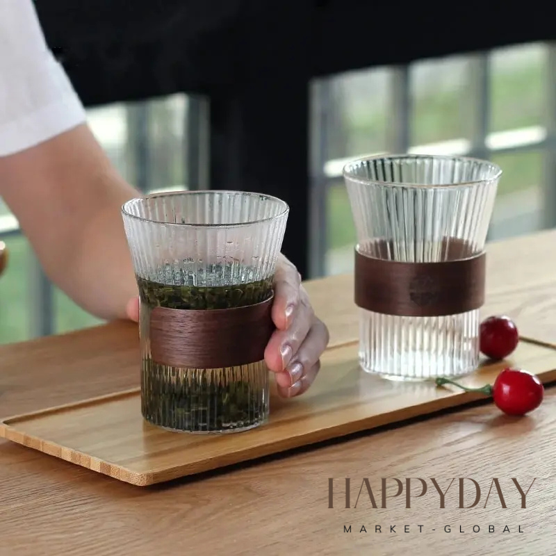 HAPPYDAY - Japanese Style Glass Coffee Mug with Walnut Sleeve