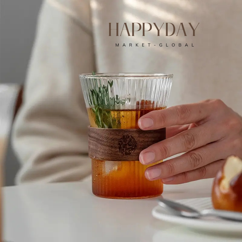 HAPPYDAY - Japanese Style Glass Coffee Mug with Walnut Sleeve
