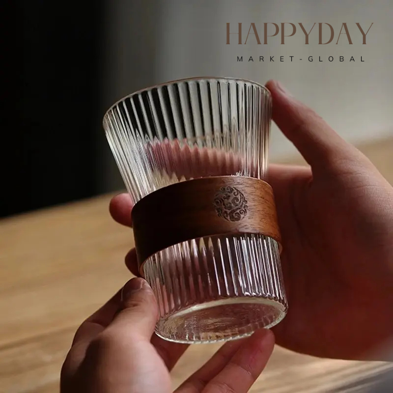 HAPPYDAY - Japanese Style Glass Coffee Mug with Walnut Sleeve